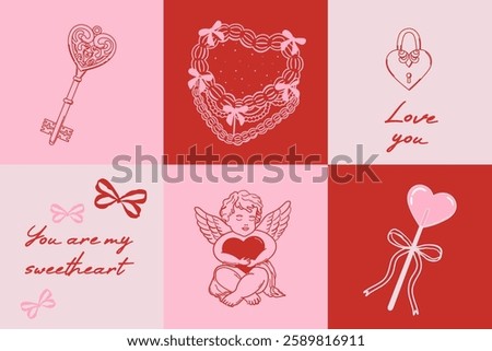 Valentines day greeting card. Cute baby angel with wings and heart. Vintage cake, bows, lollipop, heart shaped key with holiday lettering. Vector illustration for posters, cards, invitation etc.