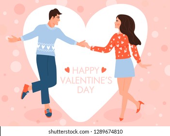 Valentine's day greeting card with dancing couple. Man and his girlfriend in love. Vector illustration.