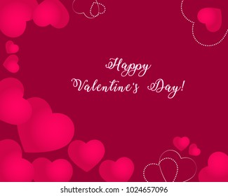 Valentines day greeting card, dark pink hearts with greeting inscription on burgundy background, Happy Valentine's Day