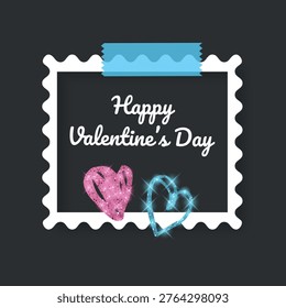 Valentine's Day greeting card with a dark chalkboard background white frame. The design features shimmering golden glitter hearts