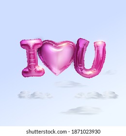 Valentine's day greeting card, Declaration of love. Balloon in the shape of letters and hearts, flying in the clouds on a light background. 3D effect pink foil balloons.