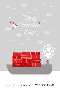 Valentine's Day greeting card. Delivery of gifts by container ship