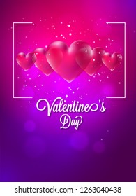 Valentines day greeting card design with glossy heart shapes on purple bokeh background.