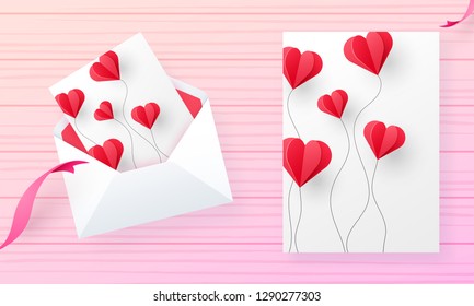 Valentine's Day greeting card design decorated with paper heart balloons.