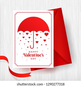 Valentine's Day greeting card design with illustration of umbrella and tiny heart shapes on wooden texture background.