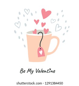 Valentine's day greeting card design with cup and hearts coming out isolated on white. Trendy vector illustration in scandinavian style - Vector