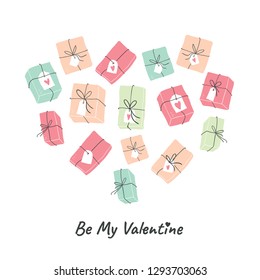 Valentine's day greeting card design with heart out of the gift boxes and lettering be my valentine sign isolated on white. Trendy vector illustration in doodle scandinavian style - Vector