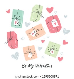 Valentine's day greeting card design with gift boxes and tags and hearts isolated on white. Trendy vector illustration in scandinavian style - Vector