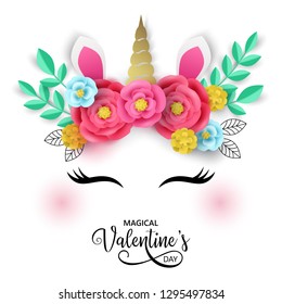 Valentine's day greeting card design with paper art flowers and unicorn background. Vector illustration