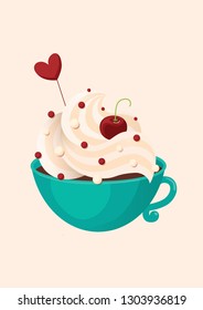 Valentine's day greeting card design with whipped cream, cups. Trendy vector illustration. 