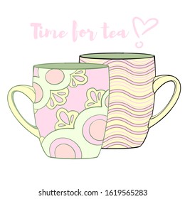 Valentine's day greeting card design with couple of cups isolated on white background. The best time to drink tea. Trendy vector illustration