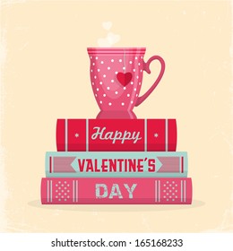 Valentine's day greeting card design with cup of tea and books. Vector illustration