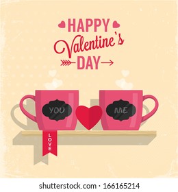 Valentine's day greeting card design with couple of cups. Vector illustration