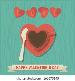 Valentine's day greeting card design with heart shape cup of coffee. Vector illustration