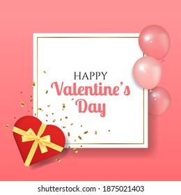 Valentine's day greeting card design decorated with realistic balloons and heart shape box present. Minimalistic vector template