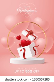 Valentine's day greeting card design concept. Open gift box with red heart inside and golden confetti explosion on pink background. Valentines day sale banner template. A4 size. Vector illustration.