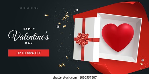 Valentine's day greeting card design concept. Open gift box with red heart inside and sparkling golden confetti. Flat lay. Valentines day sale banner template. Realistic 3d style. Vector illustration.