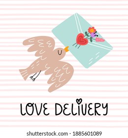 Valentine's day greeting card design. Love delivery hand lettering. A cute bird deliver big love letter with wax seaboard. Textured striped background. Vector isolated illustration.