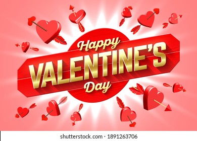 Valentine's Day greeting card design with composition of wooden planks with lettering on it and 3d hearts around pierced with Cupid's arrows vector illustration