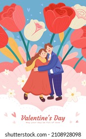 Valentine's day greeting card design. Young couple embracing each other with big flowers in the background. Flat illustration.