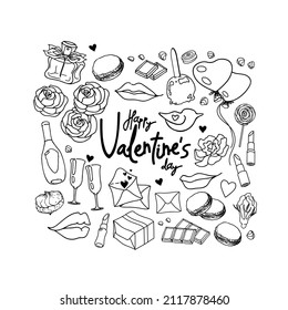 Valentine's day greeting card design set. Vector isolated black line element for T-shirt, print style, graphics. The black line of the roses, champagne, air kiss, macaroons logo. Hand-drawn icon.