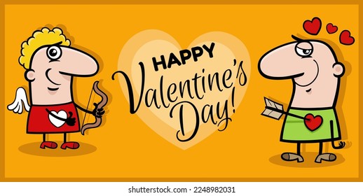 Valentines Day greeting card design with cartoon cupid and guy in love