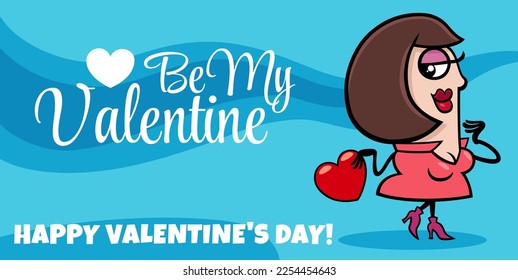 Valentines Day greeting card design with cartoon woman with heart