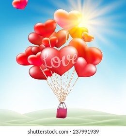 Valentines day greeting card design - Couple in hot air hearts balloons. EPS 10 vector file included