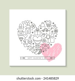 Valentine's day greeting card design with thin line icons