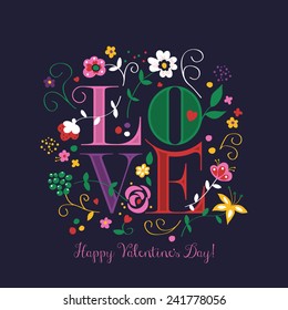Valentine's Day greeting card design with word "Love" and flowers