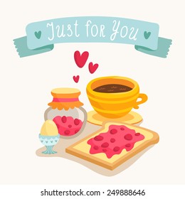 Valentine's Day greeting card design with illustration of romantic breakfast served, cup of coffee, toast with jam and egg with hearts and lovely banner