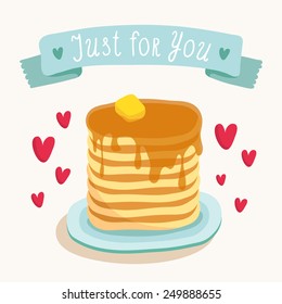 Valentine's Day greeting card design with illustration of romantic breakfast served, huge pile of pancakes