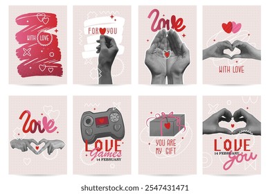 Valentine's day greeting card design. Handwritten inscriptions, realistic images of hands, gamepad. Modern u2k style, abstract shapes and pixel aesthetics. Vector illustration with isolated elements.