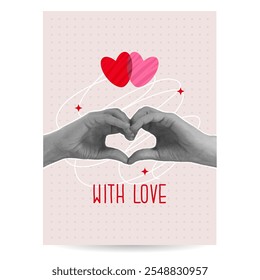 Dia dos namorados design cartão comemoração. O dia 14 de fevereiro é o dia de São Valentim. Mãos realistas. Estilo moderno y2k, formas abstratas e estética de pixels. Ilustração vetorial com elementos isolados.