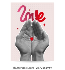 Valentine's day greeting card design. February 14 is Valentine's day. Realistic hands holding a small red heart. Modern y2k style, abstract shapes and pixel aesthetics. Vector illustration