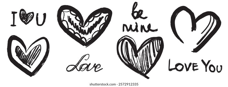 Valentine's day greeting card design with hearts. Brush stroke textured art. Hand drawn vector sketch illustration in vintage charcoal ink style. Wedding invitation design, love you