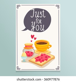 Valentine's Day greeting card design with illustration of romantic breakfast served, cup of coffee, toast with jam and egg with hearts and lovely speech bubble banner