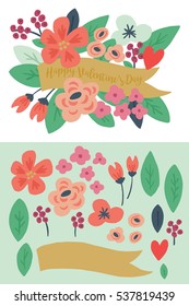 Valentines day greeting card design with hand drawn flowers