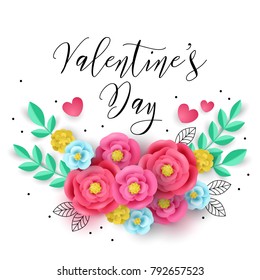 Valentines day greeting card design with paper flowers and typography. Vector illustration