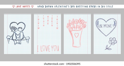 valentine's day greeting card in DIY naive hand drawn style. handwritten love note message on checkered sheet. vertical banner invitation flyer brochure card