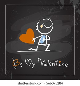 Valentines day greeting card, doodle style vector illustration with kids. Children playing romance, chalk on blackboard. Cute kids, couple with heart, love symbol. Hand written lettering, typography.