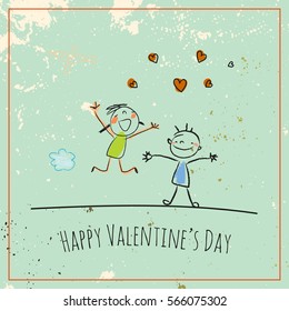 Valentines day greeting card, doodle style vector illustration with kids. Children playing romance, cute kids, couple with heart, love symbol.