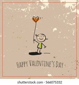 Valentines day greeting card, doodle style vector illustration with kids. Children playing romance, cute kids, couple with heart, love symbol.