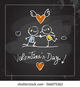 Valentines day greeting card, doodle style vector illustration with kids. Children playing romance, chalk on blackboard. Cute kids, couple with heart, love symbol. Hand written lettering, typography.