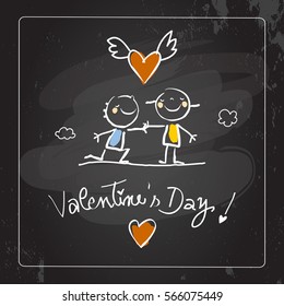 Valentines day greeting card, doodle style vector illustration with kids. Children playing romance, chalk on blackboard. Cute kids, couple with heart, love symbol. Hand written lettering, typography.