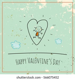 Valentines day greeting card, doodle style vector illustration with kids. Children playing romance, cute kids, couple with heart, love symbol.