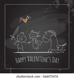 Valentines day greeting card, doodle style vector illustration with prince and princess. Children playing romance, chalk on blackboard. Cute kids, couple with heart, love symbol.