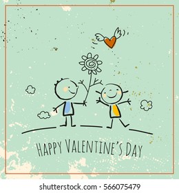 Valentines day greeting card, doodle style vector illustration with kids. Children playing romance, cute kids, couple with heart, love symbol.