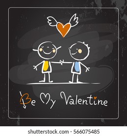 Valentines day greeting card, doodle style vector illustration with kids. Children playing romance, chalk on blackboard. Cute kids, couple with heart, love symbol. Hand written lettering, typography.