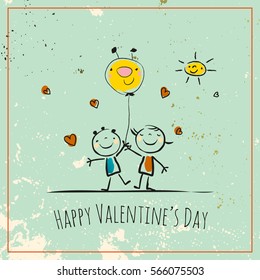 Valentines day greeting card, doodle style vector illustration with kids. Children playing romance, cute kids, couple with heart, love symbol.